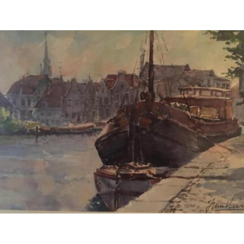 aquarel boot in water Spaarne Haarlem Spaarnekerk J vd Veer