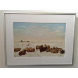 Schilderij : Schapen in de sneeuw in jaar 1863.