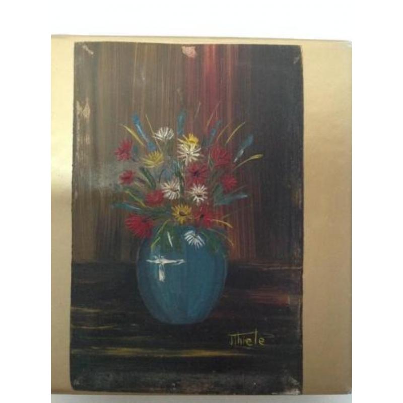 J. Thiele Klein olieverfschilderij vaas met bloemen