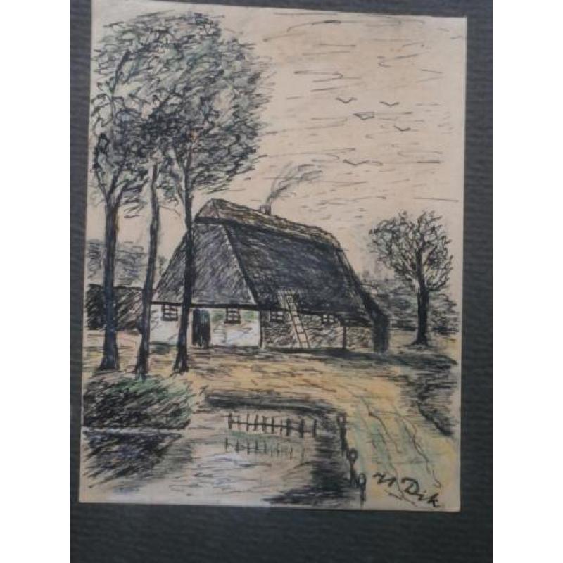 Leuke oude tekening boerderijtje met trapje Mooi lijstje