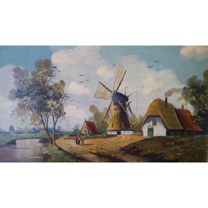 Antiek schilderij, landschap met molen.