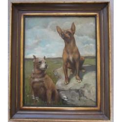 = gesigneerd = ca 1900==twee honden in landschap==