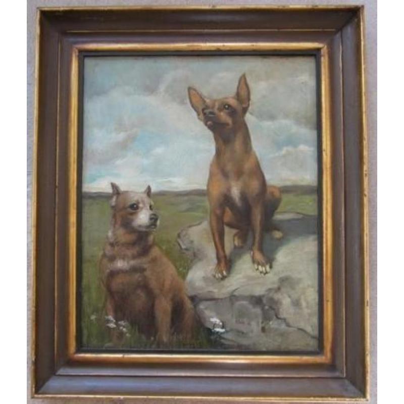 = gesigneerd = ca 1900==twee honden in landschap==