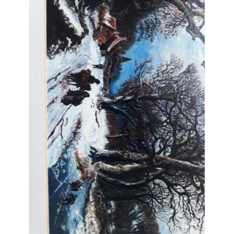 Winterlandschap met schaatsenrijders olieverf 20 x 29