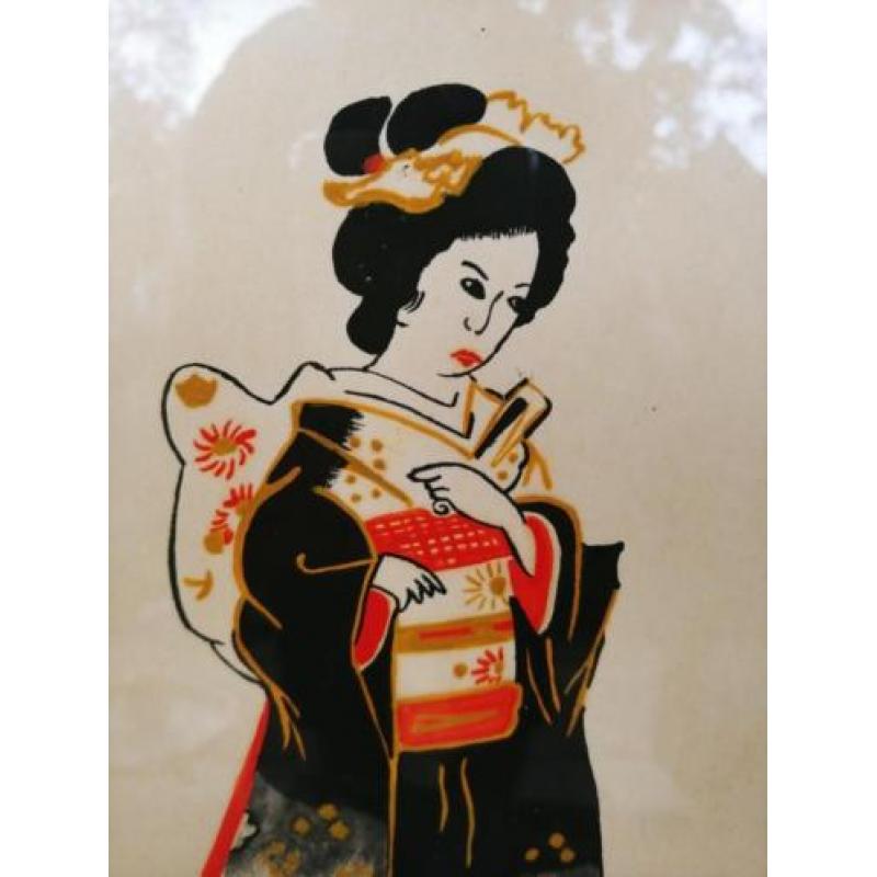 Antieke Japanse tekening geisha gesigneerd