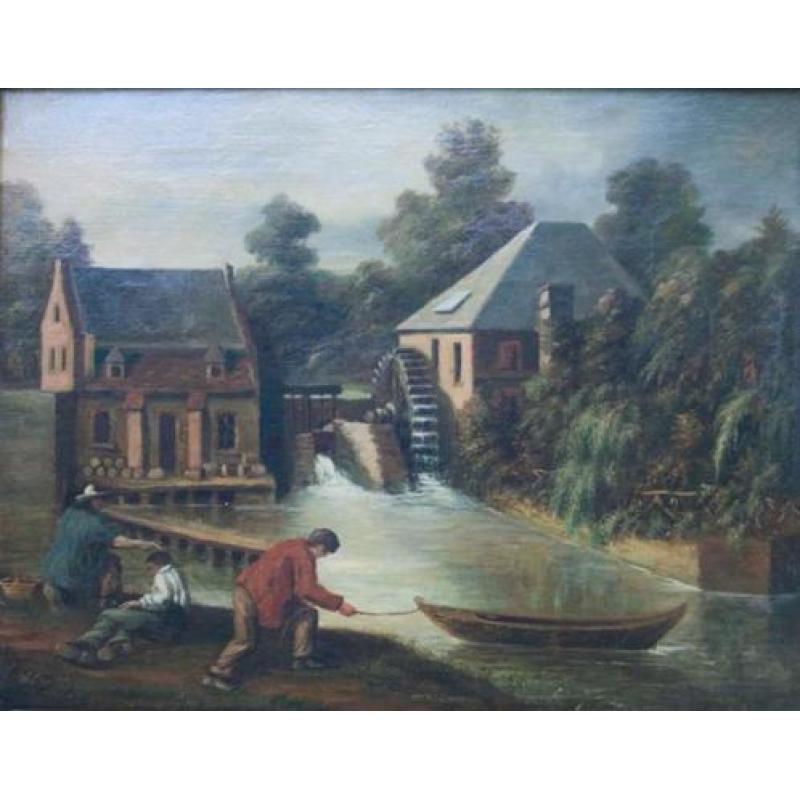 Olieverf schilderij - watermolen (maroufle) in lijst