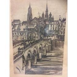 Oude ingelijste pentekening Maastricht