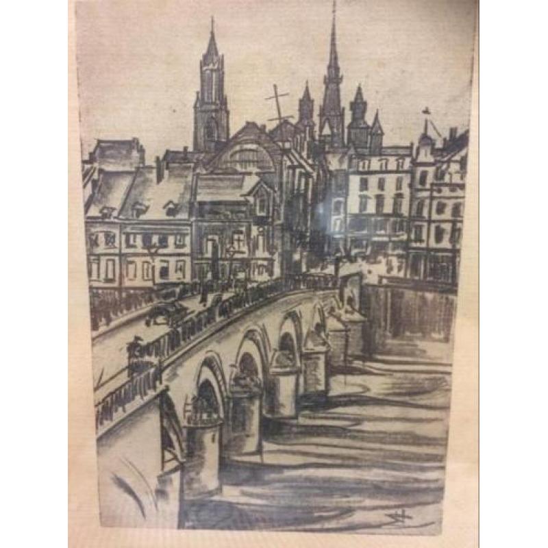 Oude ingelijste pentekening Maastricht