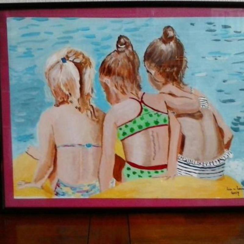 Zomer voor 3 meisjes. Acryl op papier door L.v.Langen