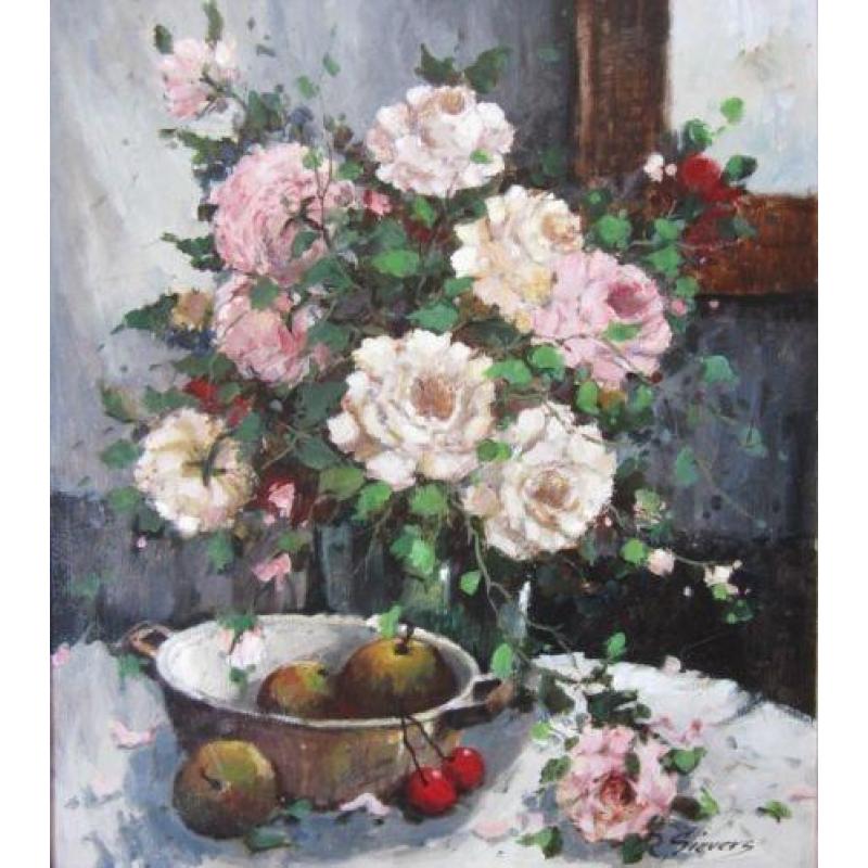 ==stilleven met rozen en fruitschaal==Rein Sievers 1926-1996