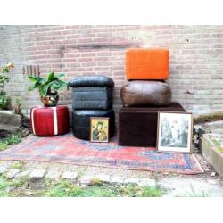 Vintage bohemian oranje rib poef seventies