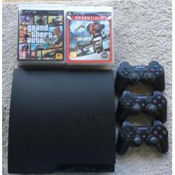 Playstation 3+3 controllers+10 spellen+kabels+oplaadkabel